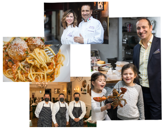 Collage of images of Cellini's food, restaurant and chefs