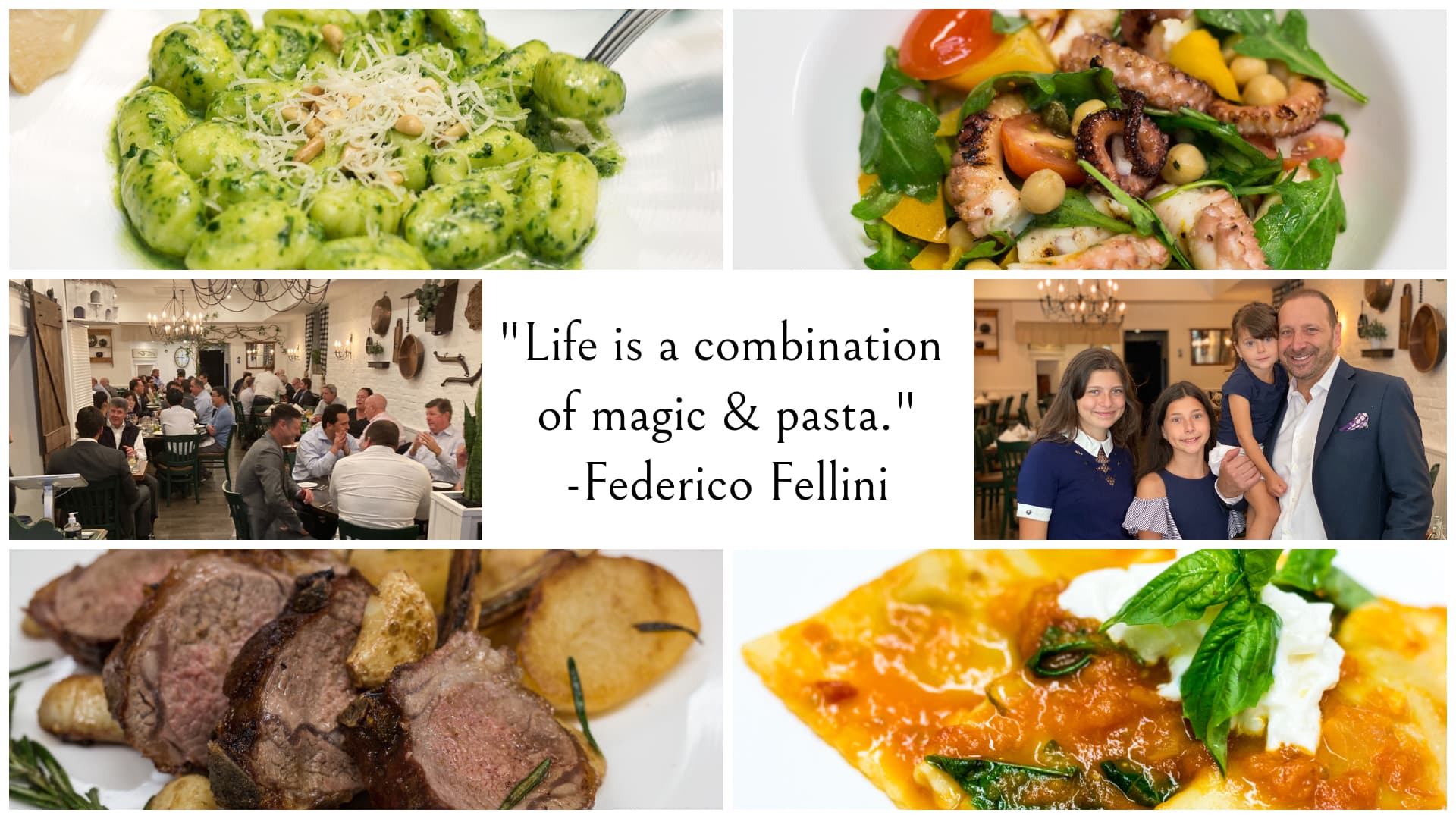 Collage of images of Cellini's food and restaurant
